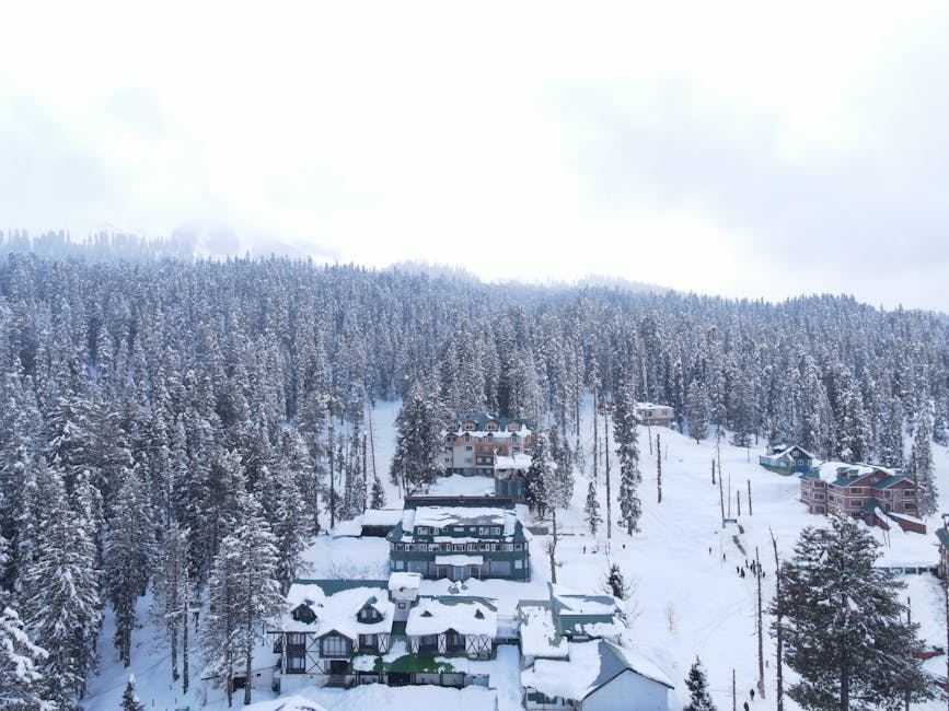 Aerial view of Gulmarg covered in snow, showcasing a serene winter wonderland.