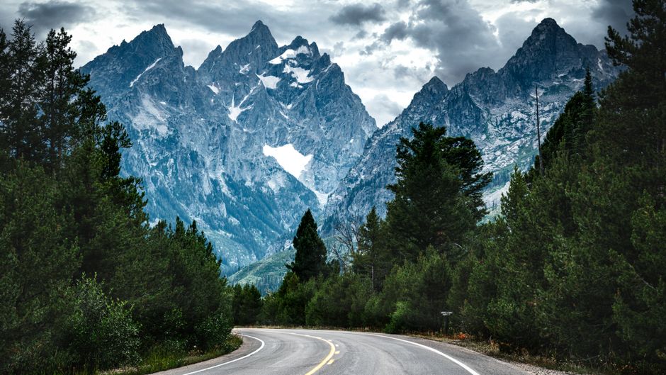 Picturesque view of asphalt highway surrounded with coniferous green trees located near snowy mountain ridge in countryside in overcast day