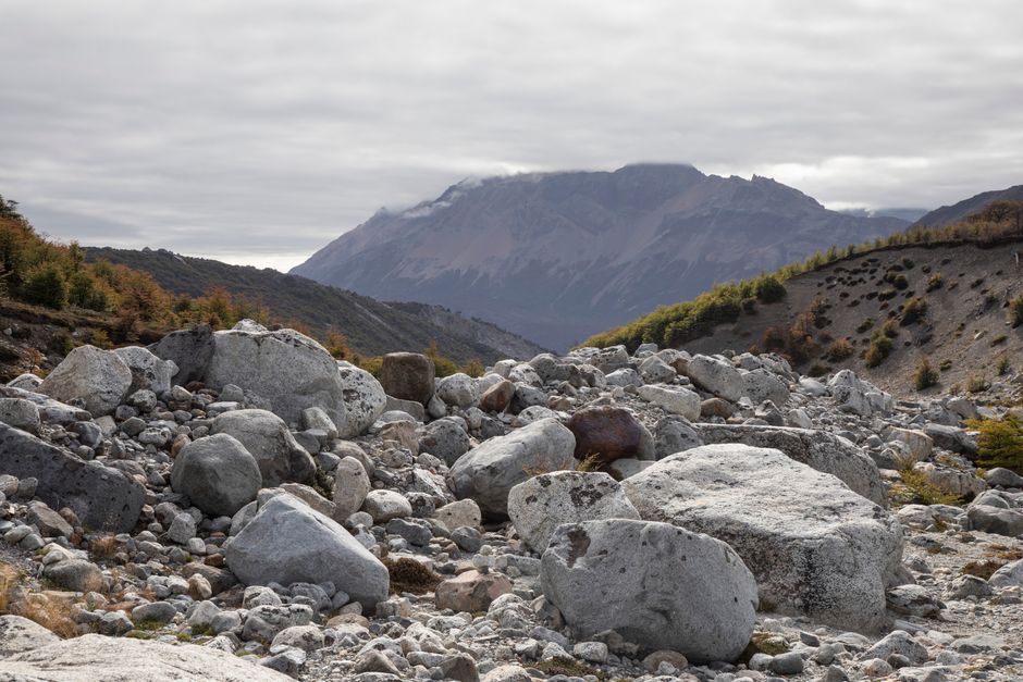 Breathtaking rocky landscape in Patagonia with mountains and vibrant autumn foliage.