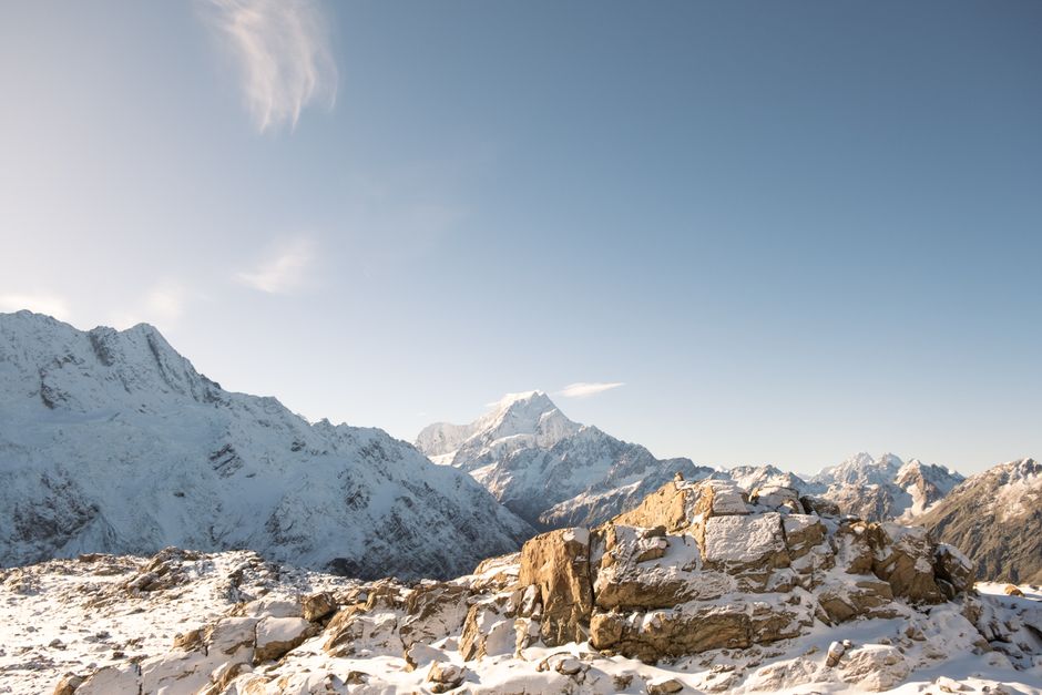 Breathtaking view of snowcapped Aoraki mountains in New Zealand's Southern Alps.